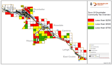 Geographical map showing property tax discrepancies throughout the Drumheller Valley (click to enlarge)